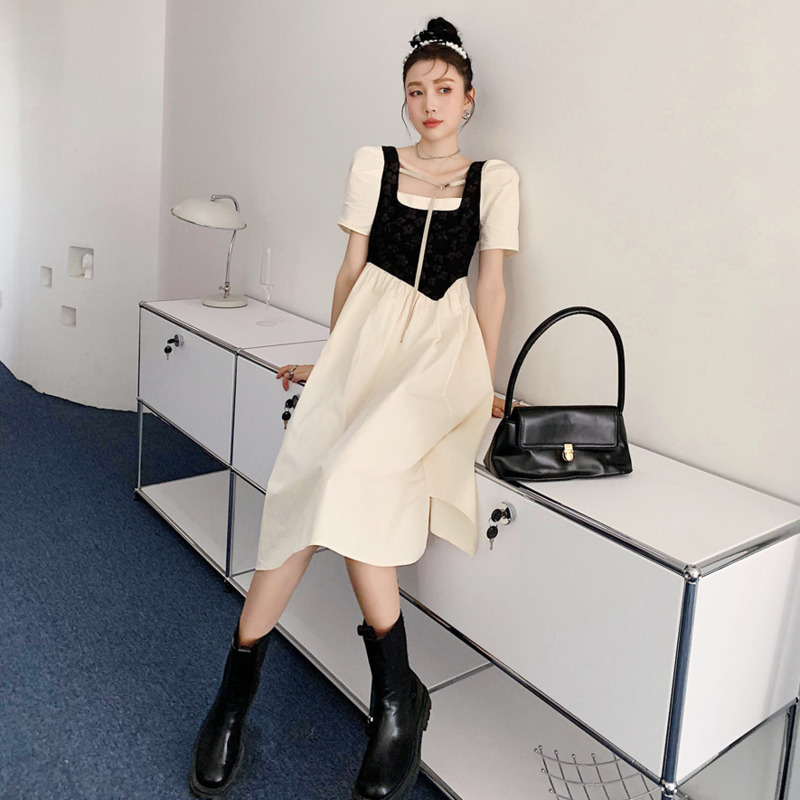 Women Dress Square Collar Short Sleeve Asymmetrical Temperament Loose Fit Fashion Summer 2H283 210526
