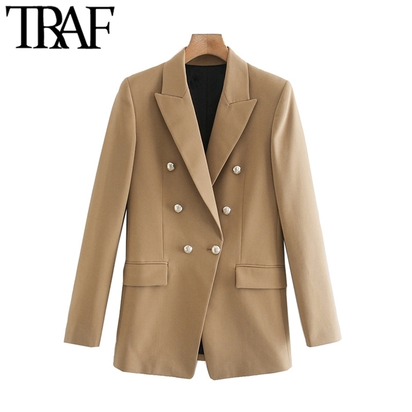 TRAF Women Fashion Office Wear Double Breasted Blazers Coat Vintage Long Sleeve Pockets Female Outerwear Chic Tops 211122