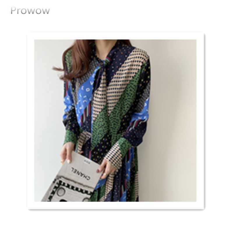 Chic Korean Retro Pattern Twill Print Lace Up Bow Long Full Dresses for Women 210615Z