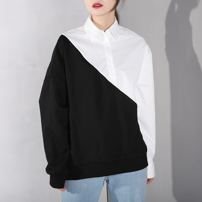 EAM Loose Fit Black Contrast Color Irregular Sweatshirt Lapel Long Sleeve Women Big Size Fashion Spring JC319 201126