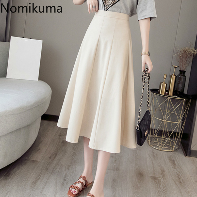 Nomikuma New Arrival A Line Skirt High Waist Back Zipper Solid Color Elegant OL Skirts Women Korean Fashion Faldas Mujer 3a298 210309
