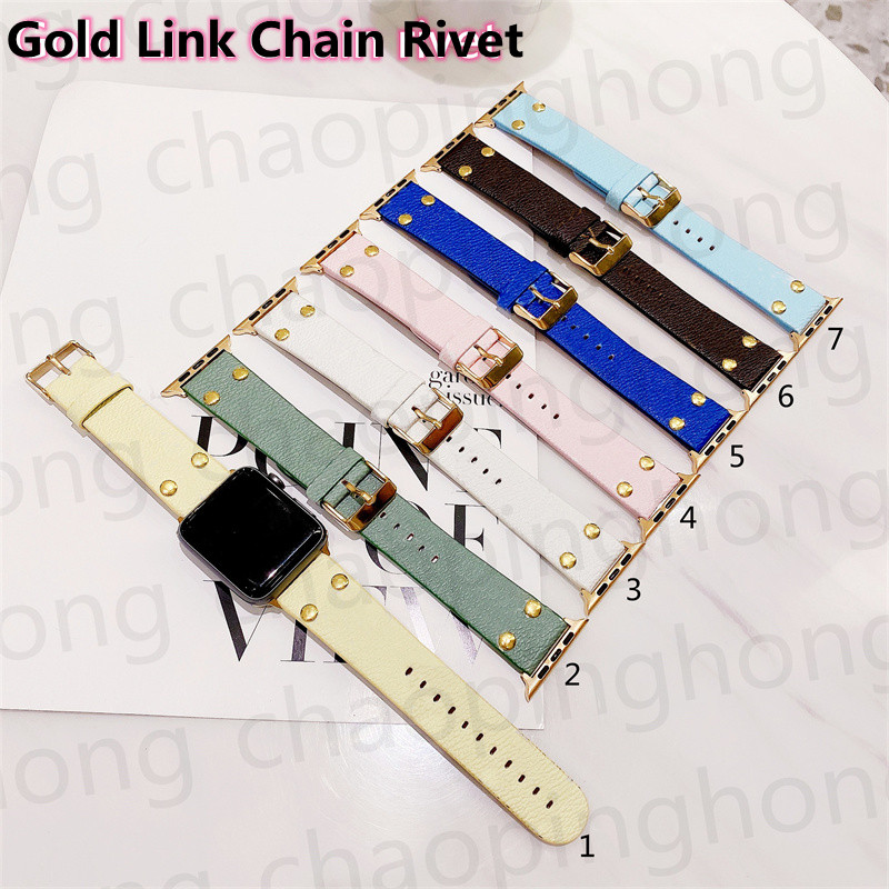 Luxury Designer Gold Link Chain Rivet Strap Print Pattern For IWatch Band Series 6 5 4 3 2 40mm 44mm 38mm 42mm Watchbands
Luxury Designer Gold Link Chain Rivet Strap Print Pattern For IWatch Band Series 6 5 4 3 2 40mm 44mm 38mm 42mm Watchbands