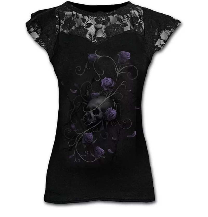 Shirt Women Summer Fashion Gothic Style Short Sleeve Round Neck Skull Lace Tops Plus Size Multi-colored Female Shirts Pullovers 210306
