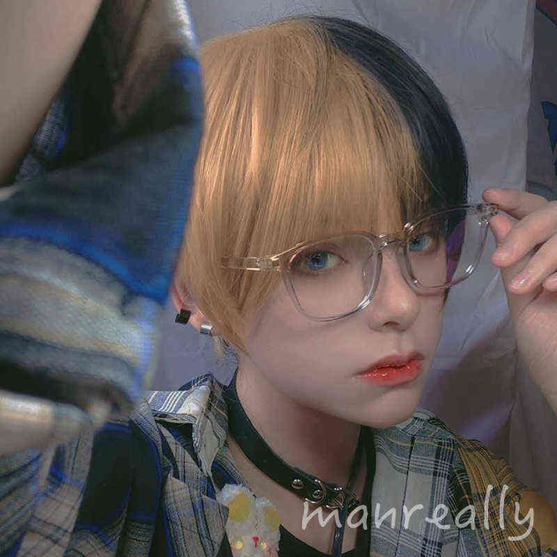 Hairpiece Short Curly Male Wig Black White Yellow Half Cosplay Anime Costume Halloween Wigs Synthetic Hair with Bangs for Men Boy Women 0121