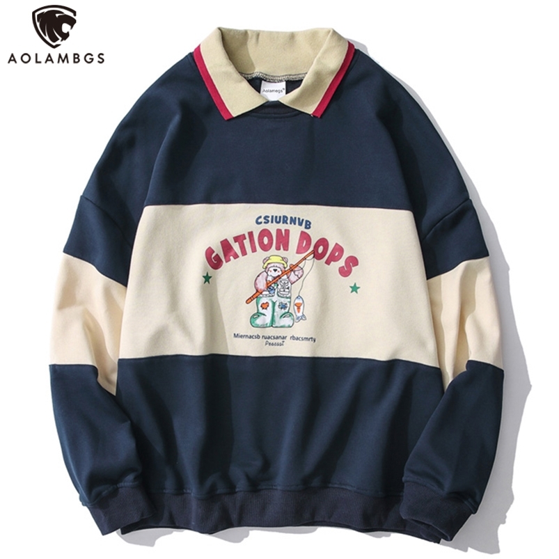Aolamegs Striped Patchwork Hoodies Autumn Sweatshirts Men Cute Print Casual Hooded Pullover Couples False Two Harajuku Colthing 210730
