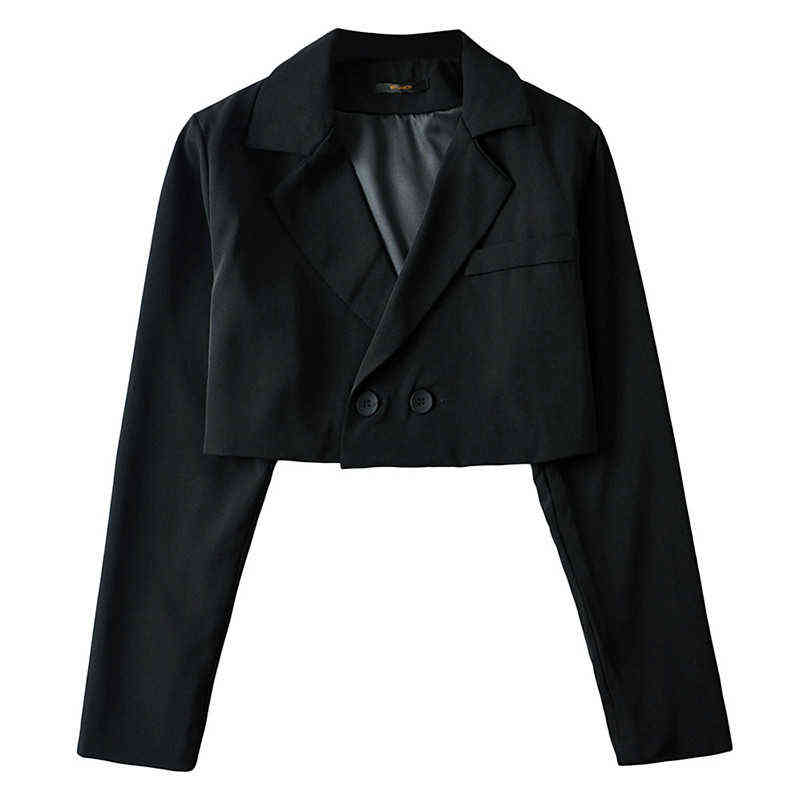 Women jacket double breasted blazer casual cropped women solid long sleeve coat with pocket black loose 211122