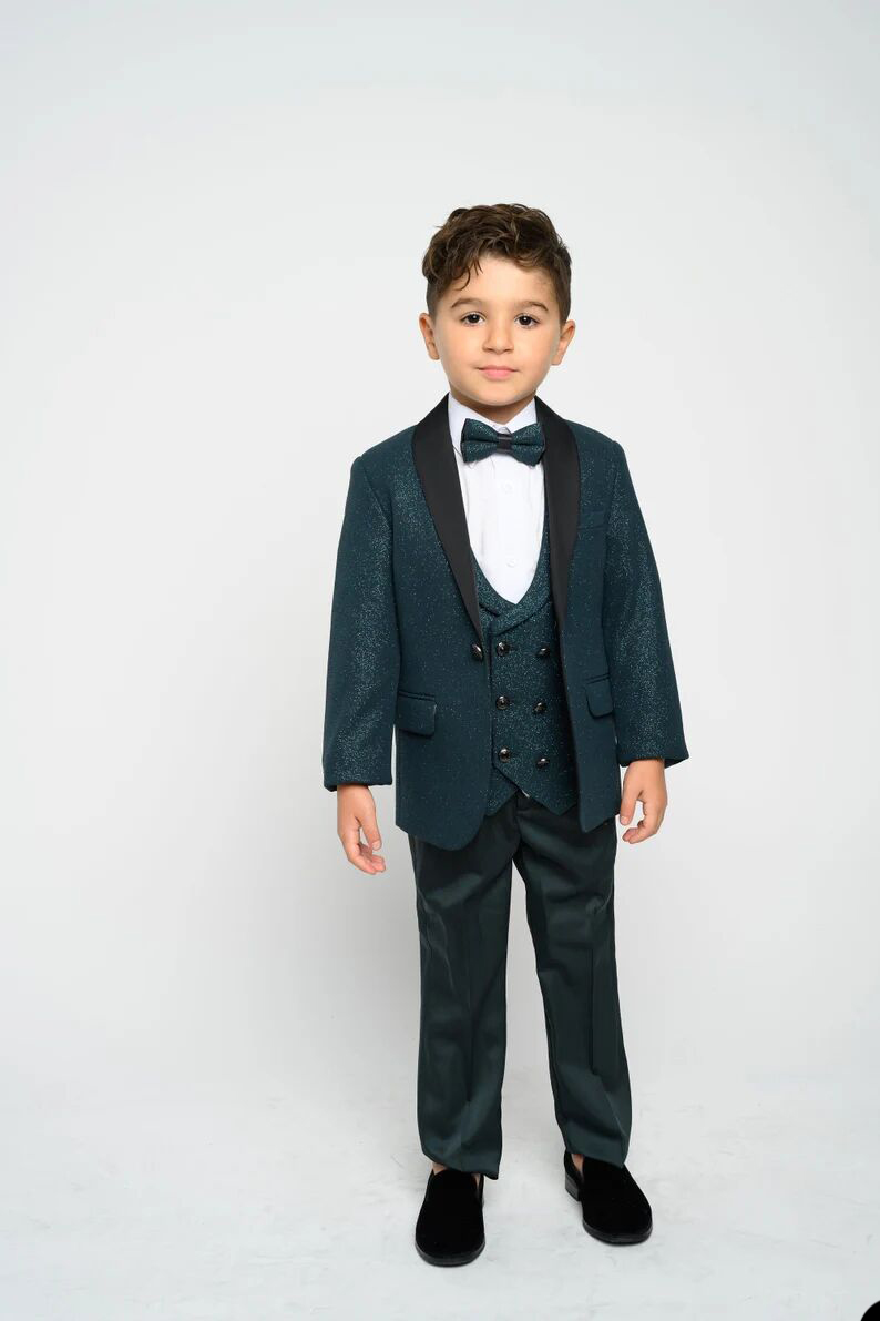 Dark Green Sequins Boy Formal Suits Wear Dinner Tuxedos Little Boys Kids For Wedding Party Evening Suit Birthday 3 Pieces