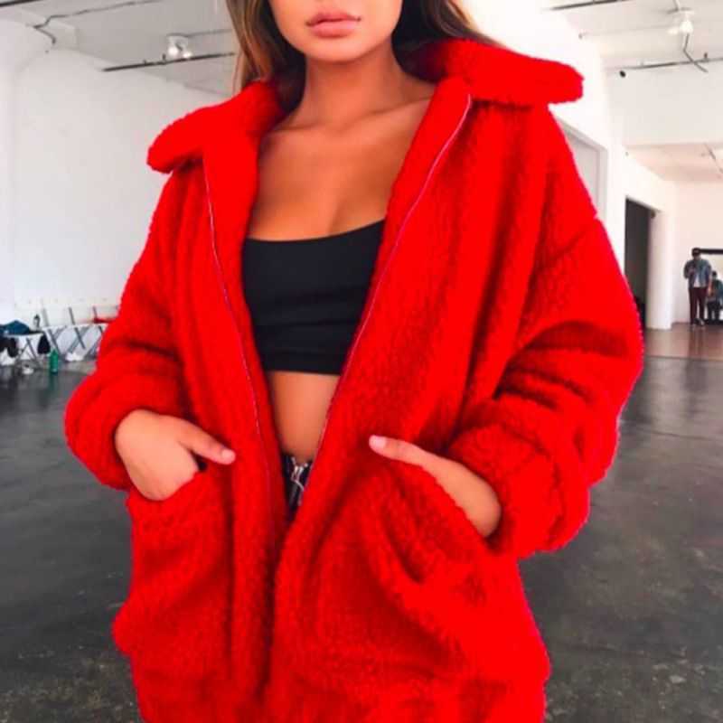 Elegant Faux Fur Coat Women Autumn Winter Warm Soft Zipper Fur Jacket Female Plush Overcoat Pocket Casual Teddy Outwear 3XL 211019