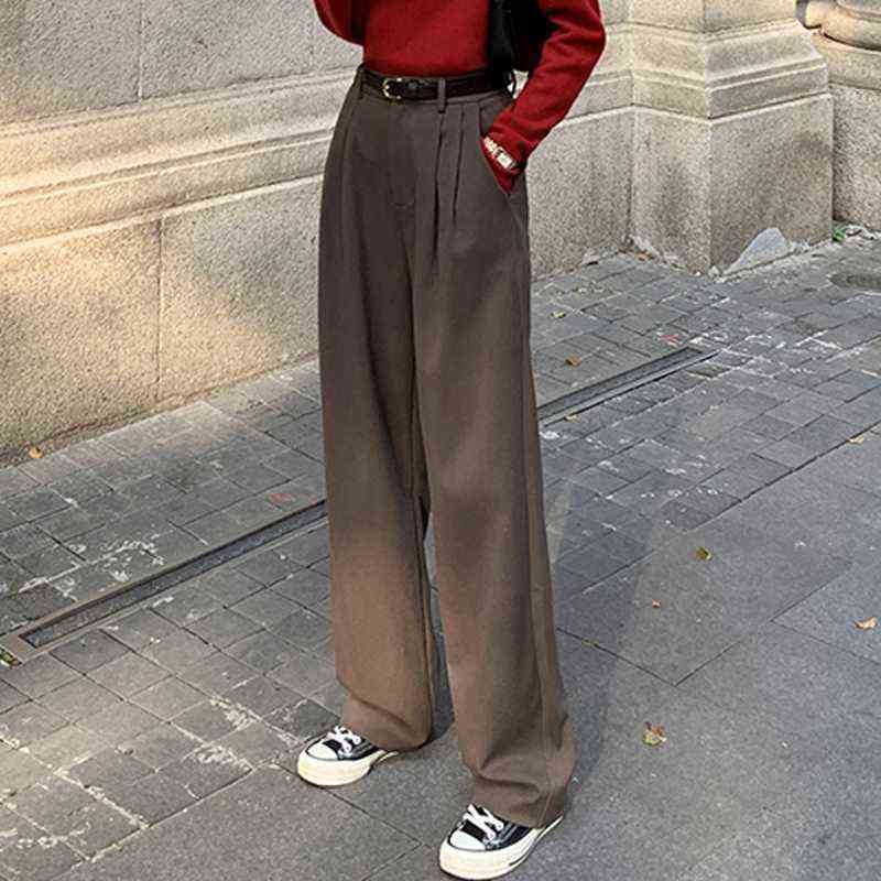 Retro Straight Wide Leg Brown Pants Vintage Female Korean High Waist Casual Long Navy Blue White Beige Trousers 211115
