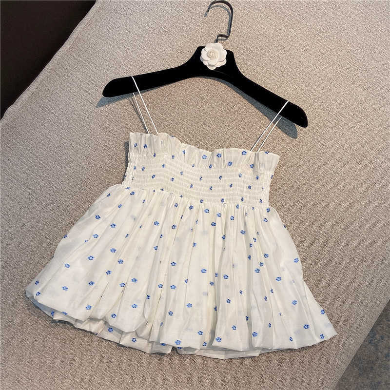 DEAT Women Printing Pleated Ruffles Sling Slim Camis Arrivals Sexy Fashion Temperament Spring Summer 11D439 210709