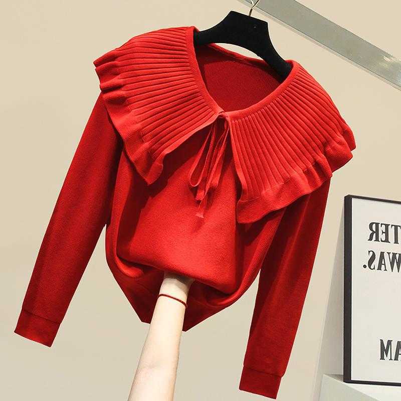 Peter Pan Collar Knitted Pullovers Woman Long Sleeve Solid Soft Fall Sweater Lace Up Elegant Office Lady Jumpers 211018