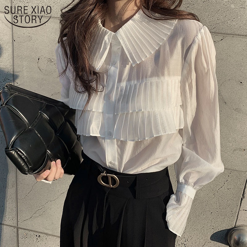 Pleated Blouse See Through Shirt Women Spring New Fashion Blouse Turn-down Collar Single-breasted Loose Tops Blusas Elegant 210225