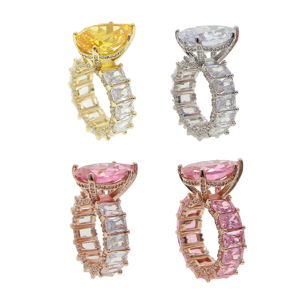 New Big Pear Shape Accent Stone Rings Rose Gold Pricess Cut full CZ Band Wedding Engagment Tear Drop Pink Pinky Ring For Women 2021