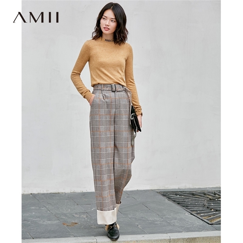 Straight Leg Pants Spring Women Casual Plaid Loose With Belt Elegant Female Trousers 11870377 210527