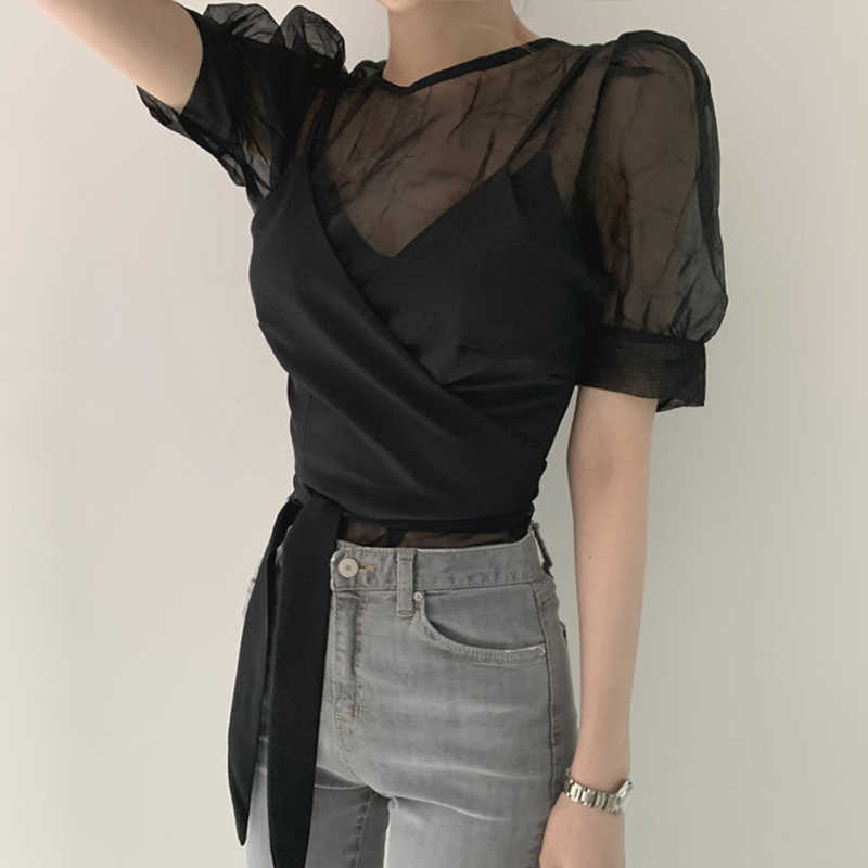 Korejpaa Women Shirt Summer Korean Chic Ladies Elegant Temperament Round Neck Puff Sleeve Blouses Cross Tie Sling Suits 210526
