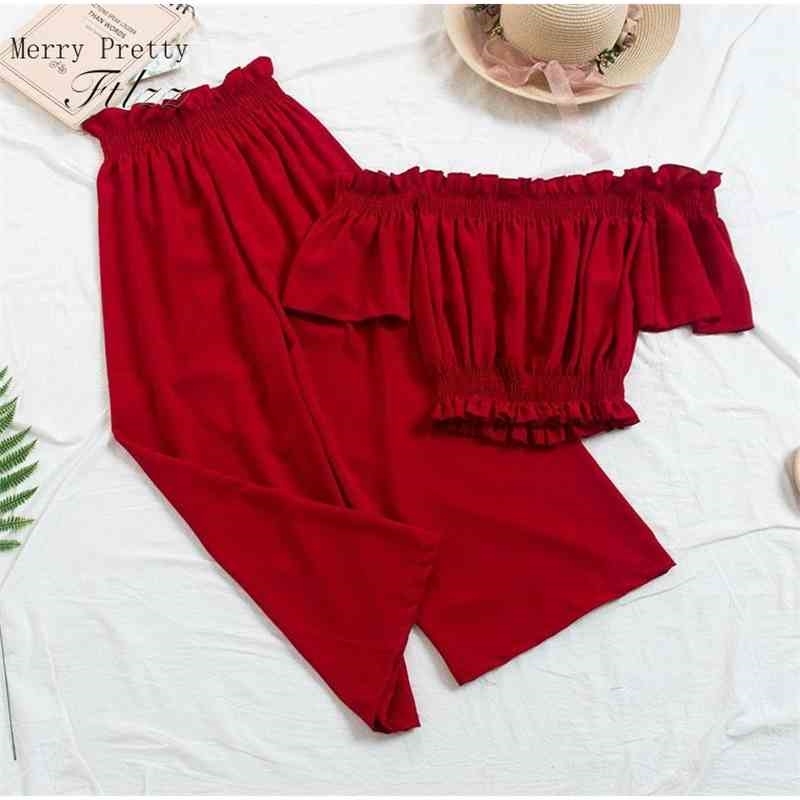Women's Sets Two Piece Sets Clothe Sexy Slash Neck Crop Top With Loose Pants Suits Summer Woman 2 Pcs Set Feminino 210707