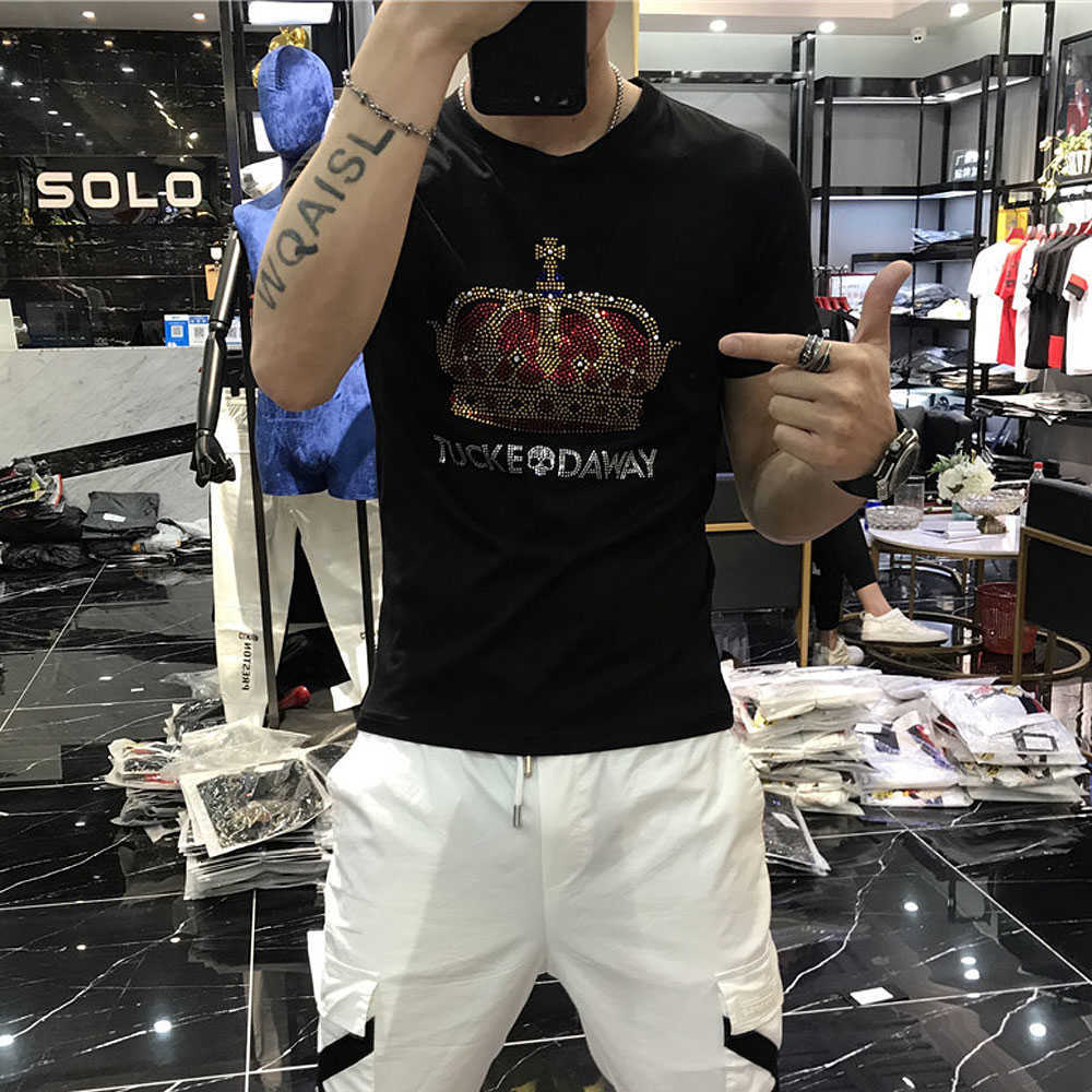 Summer Leisure Men's Crown Diamonds T-shirts Male Ropa Mujer Drilling Streetwear Skulls Beading Tshirt Man Cotton Tops Tees 210707