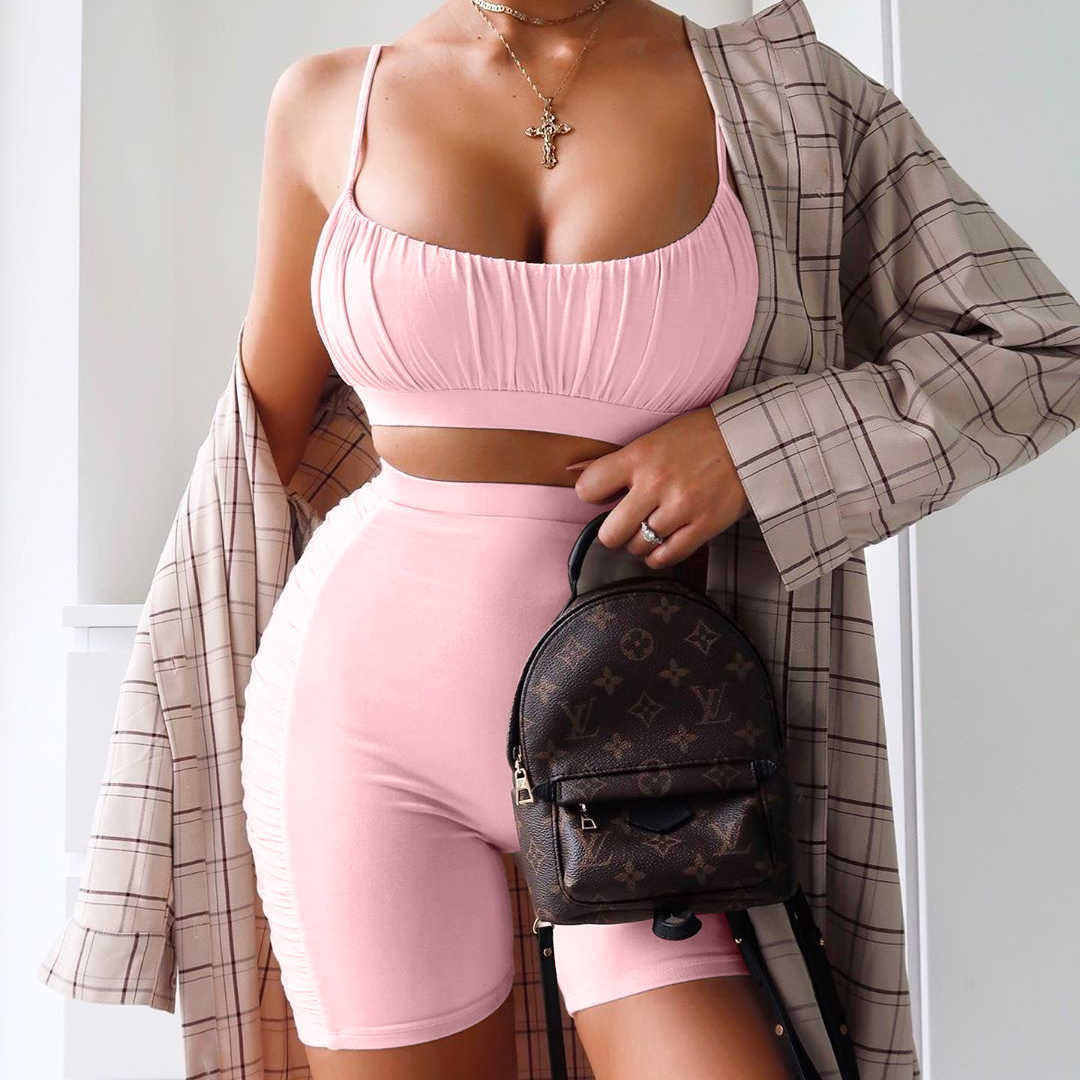 Colysmo Ruched Crop Top And Biker Shorts Two Piece Set Women Tracksuit Summer Solid Color Bodycon 2 Loungewear 210527