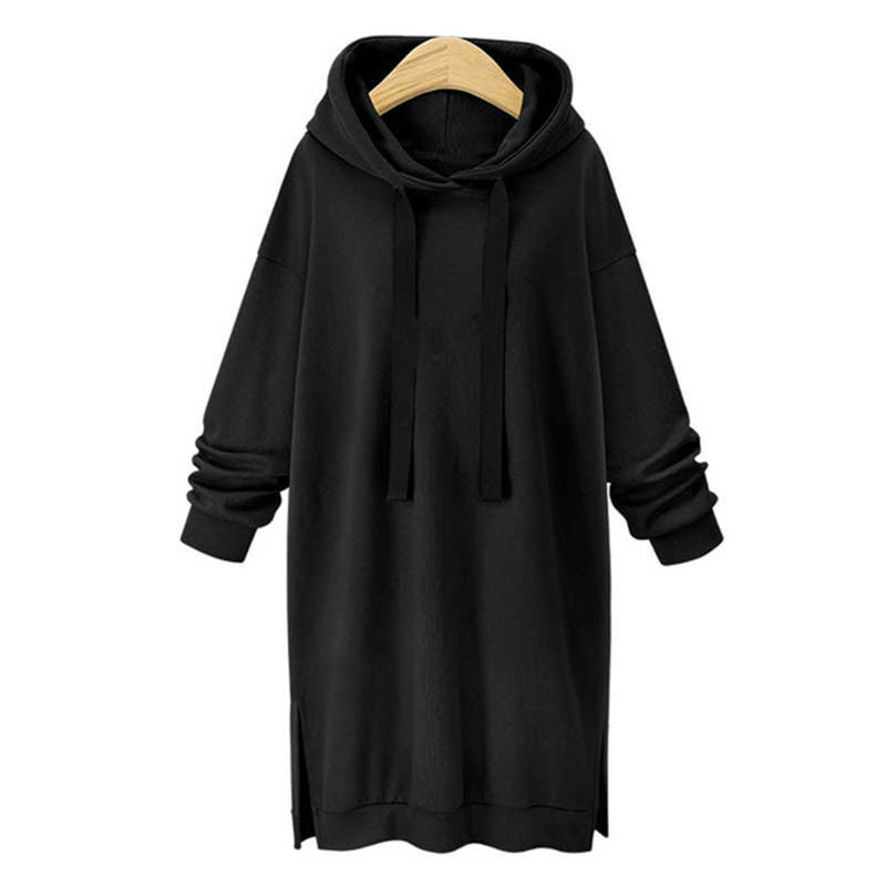 Autumn Winter Women Hoodies Casual Side Split Long Sleeve Slim Plus Thick Sweatshirt Dress Pullover Long Drawstring Hoodie 201102