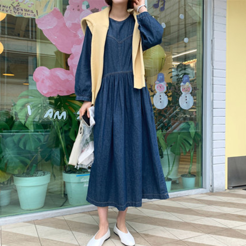 Summer Denim Dress Long Sleeve A-line Round Neck Temperament Plus Size Fit Female Fashion 2H204 210526