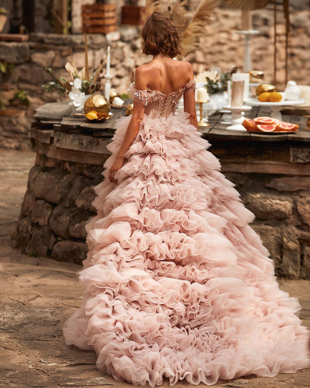 Wedding Blush Beaded Dresses Off The Shoulder Neck A Line Tiered Ruffles Bridal Gowns Sweep Train Tulle Robe De Marie