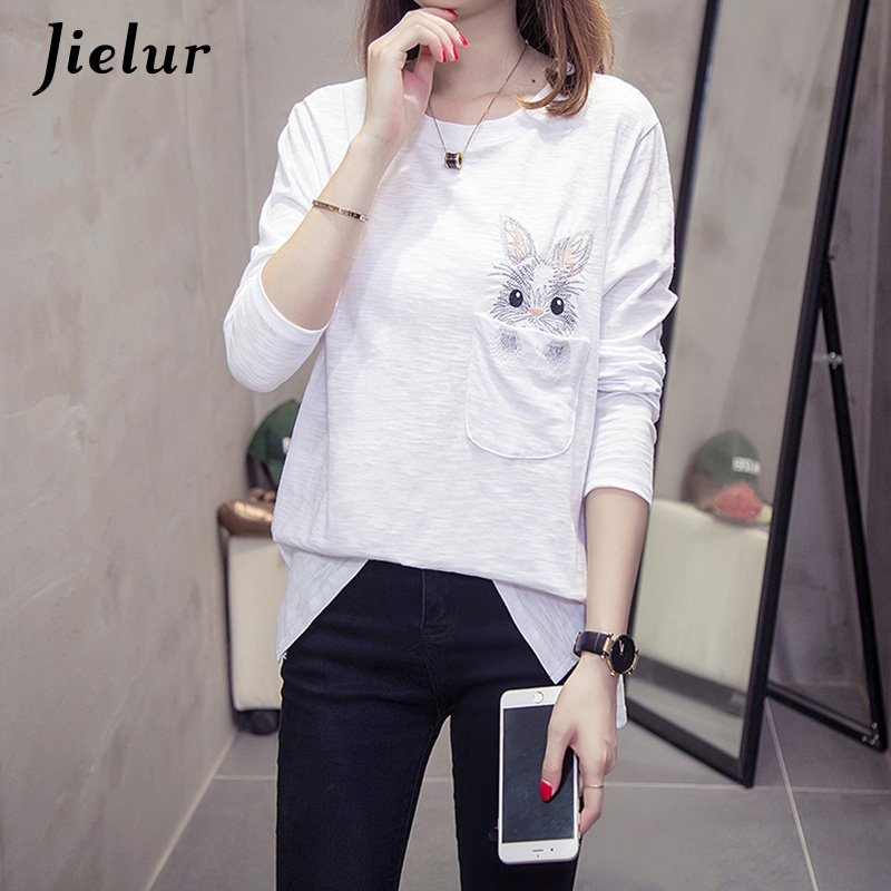 Jielur Autumn Rabbit Embroidery Women T-shirt Long Sleeve Cute Korean Tshirts White Black O-neck Girl Bottoming Tee Shirts M-XXL T200319