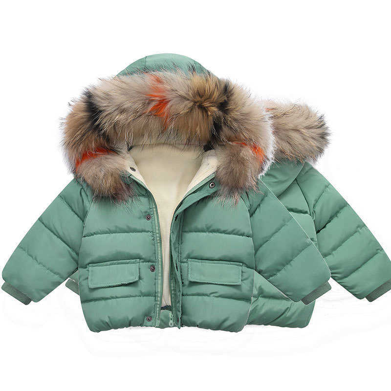 kids winter plus velvet real fur collar down coat with hoodie Christmas cotton outwear girls boys warm stuffed padded children design