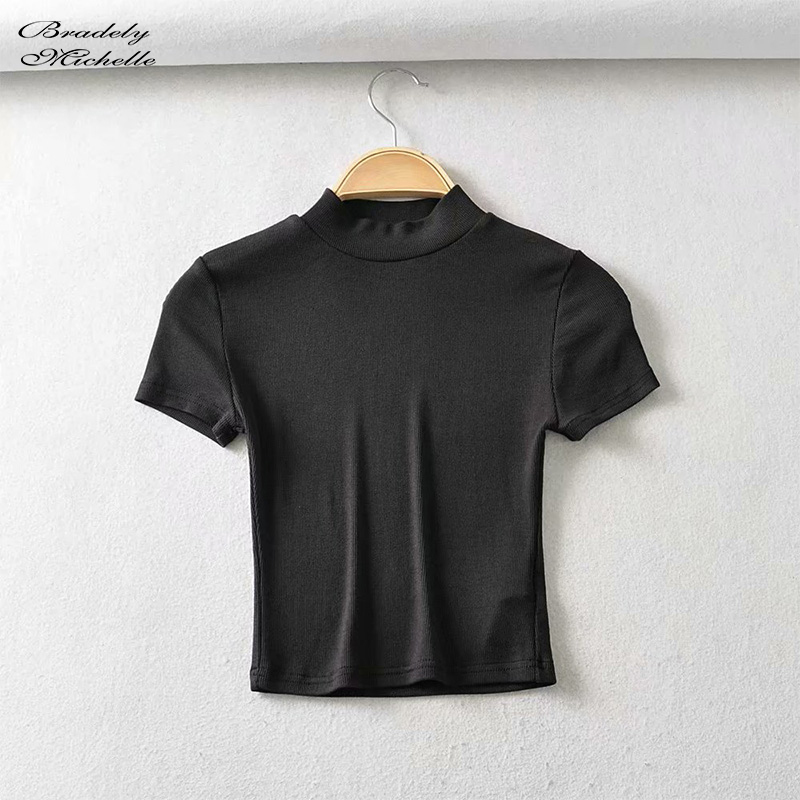 Bradely Michelle Fashion Casual Summer Woman Slim Fit t-shirt tight Cotton Short-Sleeve Turtleneck tee Crop Tops 210302