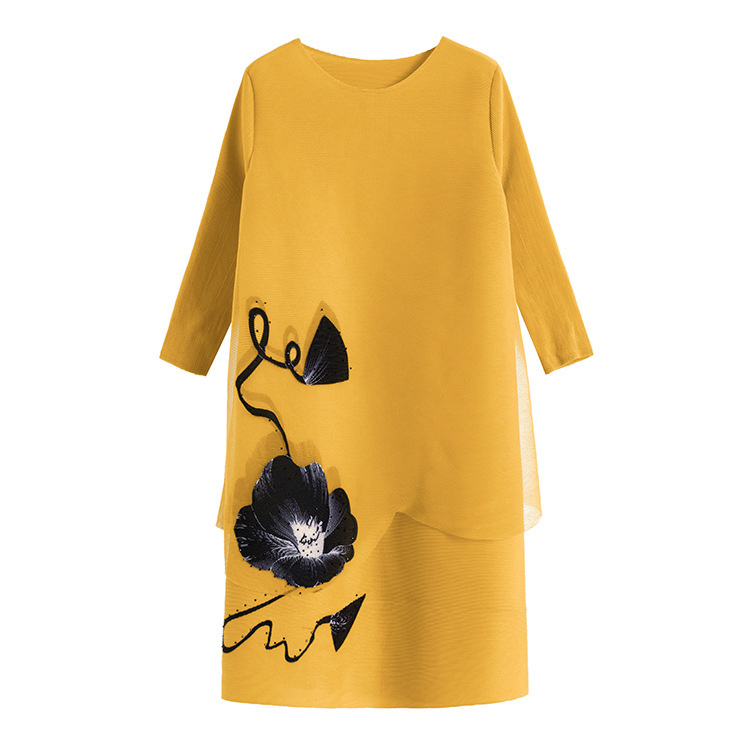 Flower Drill Mesh Pleated Dress Women's Summer Three Quarter Sleeves Loose Casual Orange Dresses Mother Gift 2D3930 210526