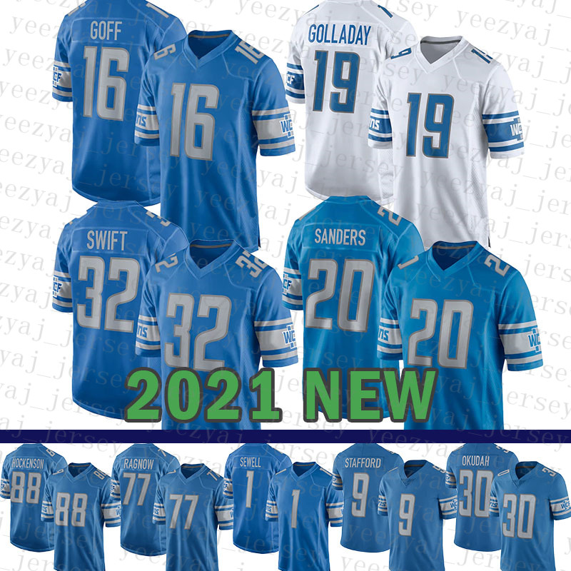 2021 New Detroit Mens Lions American Football Jersey 16 Jared Goff 32 D'Andre Swift 20 Barry Sanders 88 T.J. Hockenson 77 Frank Ragnow 1 Penei Sewell 9 Matthew Stafford, Mens-xiongshi