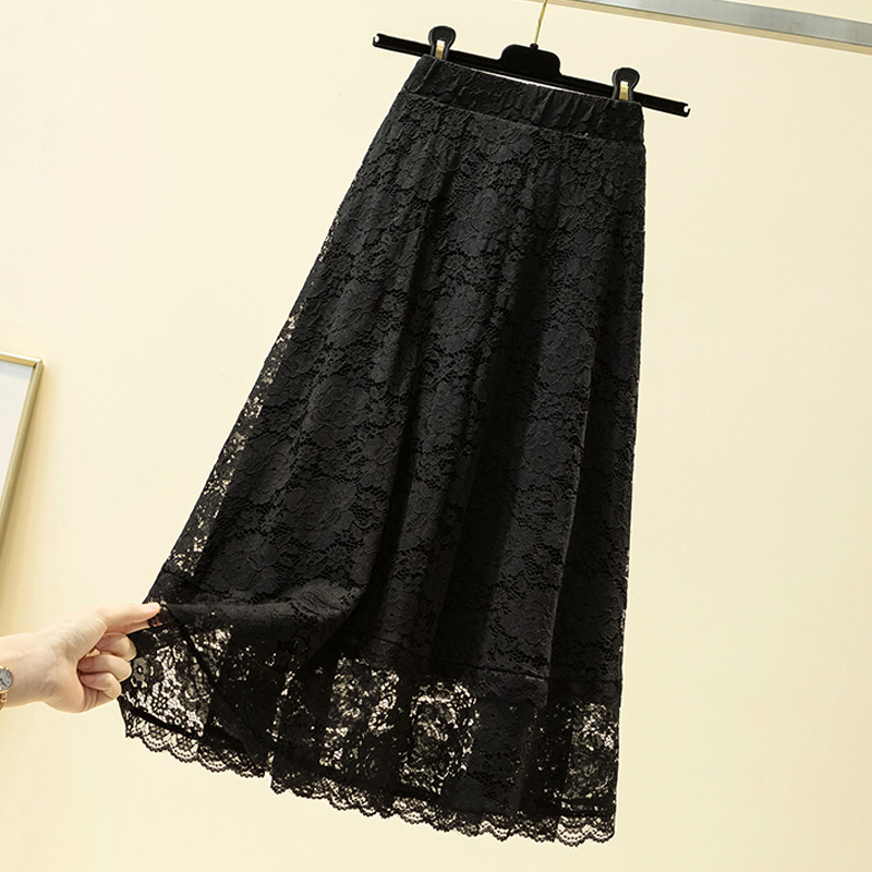2021 Summer Black Lace Long Skirt Faldas Plus Size Loose High Waist Women Skirts Loose A- Line Midi Skirt for Women Skirts 9833 210309