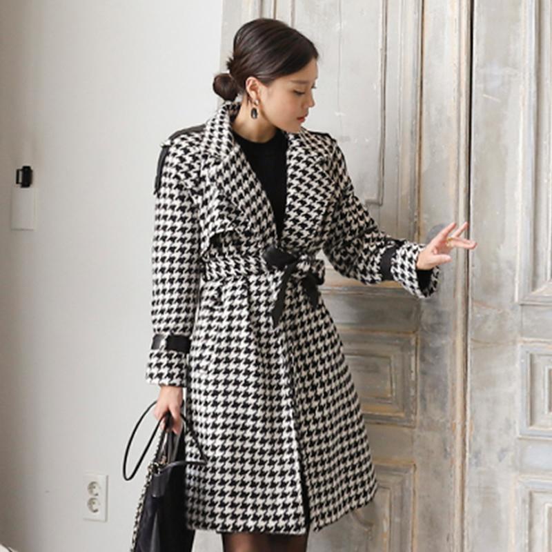 Women Wool Coat Plaid Loose Long Double Breasted Fashion Female Coats Autumn Winter Outerwear 2021 Jackets Trench Sashes WJ156
