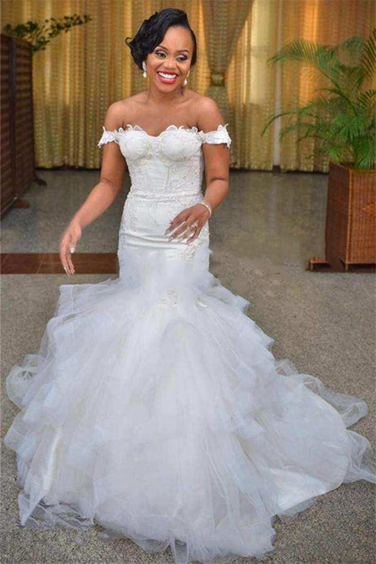 Luxury 2021 Ruffles Wave Organza Wedding Dresses Bridal Gowns Sweetheart Chapel Off Shoulder Gorgeous Nigerian Arabic Marriage Robe De Mariee