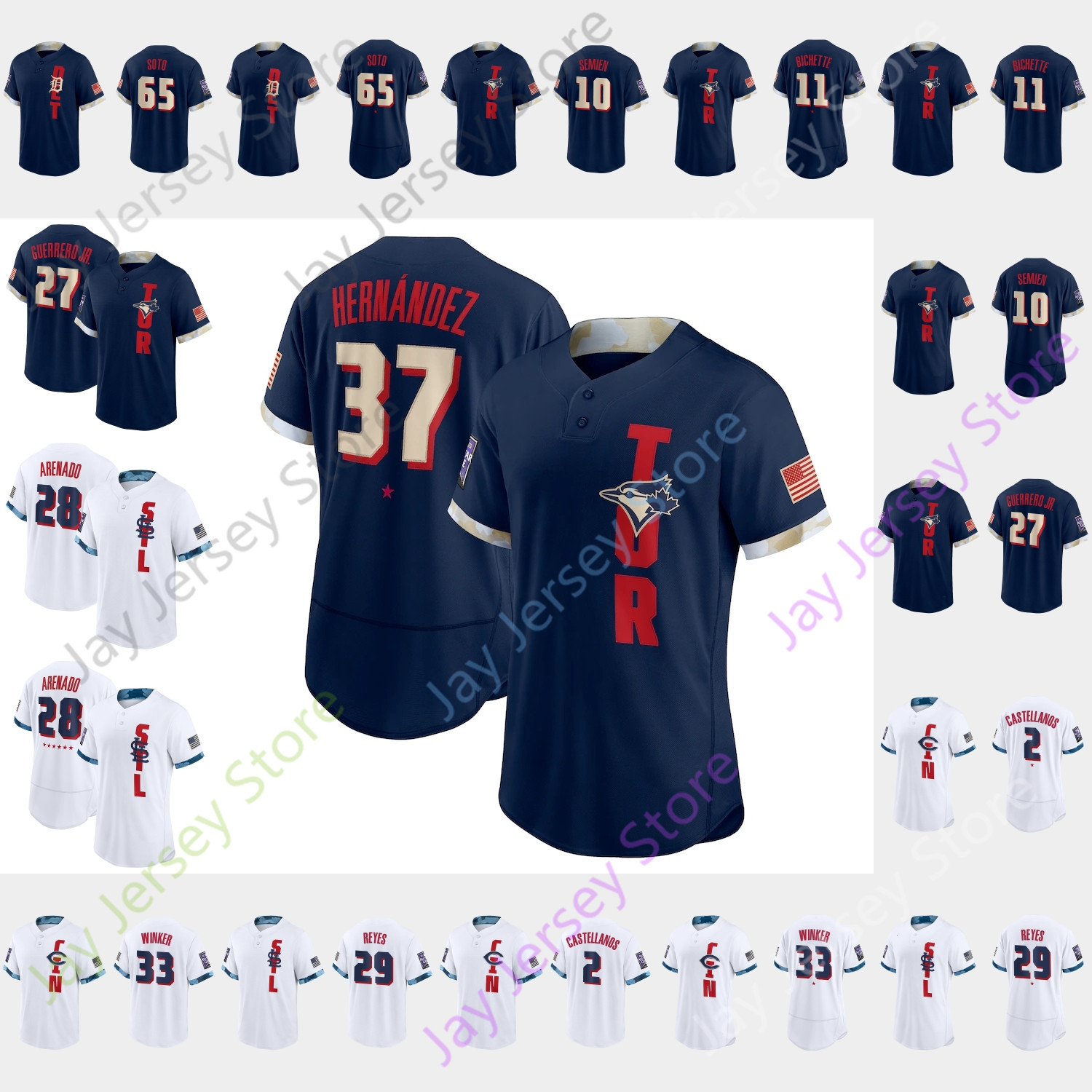2021 All-Star Jersey Teoscar Hernandez Alex Reyes Bo Bichette Gregory Soto Jesse Winker Marcus Semien Nick Castellanos Nolan Arenado Vladimir Guerrero Jr.
2021 All-Star Jersey Teoscar Hernandez Alex Reyes Bo Bichette Gregory Soto Jesse Winker Marcus Semien Nick Castellanos Nolan Arenado Vladimir Guerrero Jr.