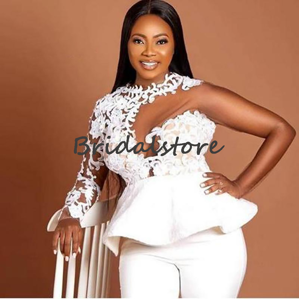 African Plus Size Pant Prom Dresses 2022 Two Piece Long Sleeve Illusion Neck Satin Evening Dress Lace Black Girls Special Occasion Party Gowns Outfits