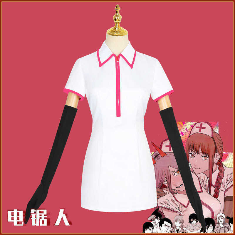Anime Chainsaw Man Makima Cosplay Power Costume Sexy Nurse Uniform Wig Full Set Gloves Stockings Y0913