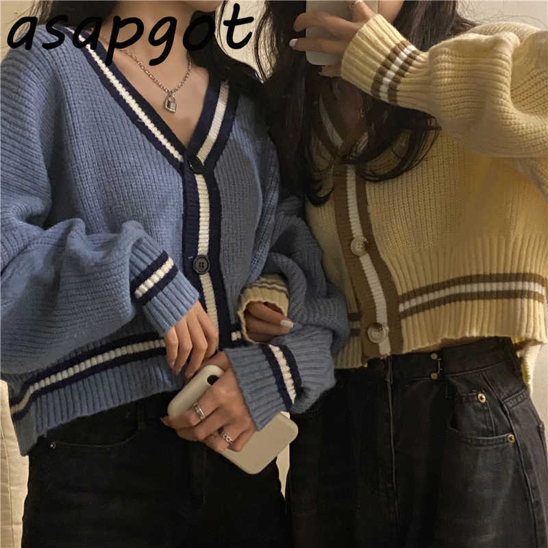 Korean Chic Autumn Loose Short V Neck Lazy Long Sleeve Striped Sweater Women Coat Clothes Thick Warm Crop Cardigan Casual Retro 210918