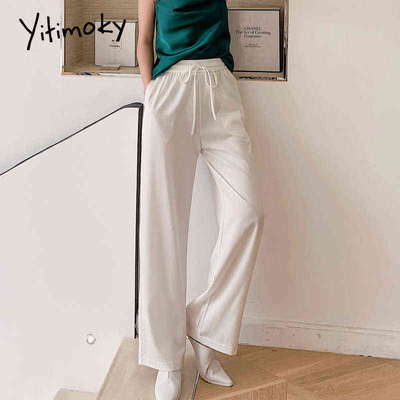 Yitimoky Satin Silk Pants Women Wide Leg Loose Drawstring Office White Fashion Black Elastic High Waist Trousers 211115