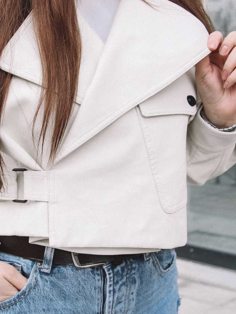 FMFSSOM Autumn Women Faux Leather Jacket Pu Motorcycle Biker Red Coat Turndown Collar Loose Streetwear Black Punk Outerwear 210909