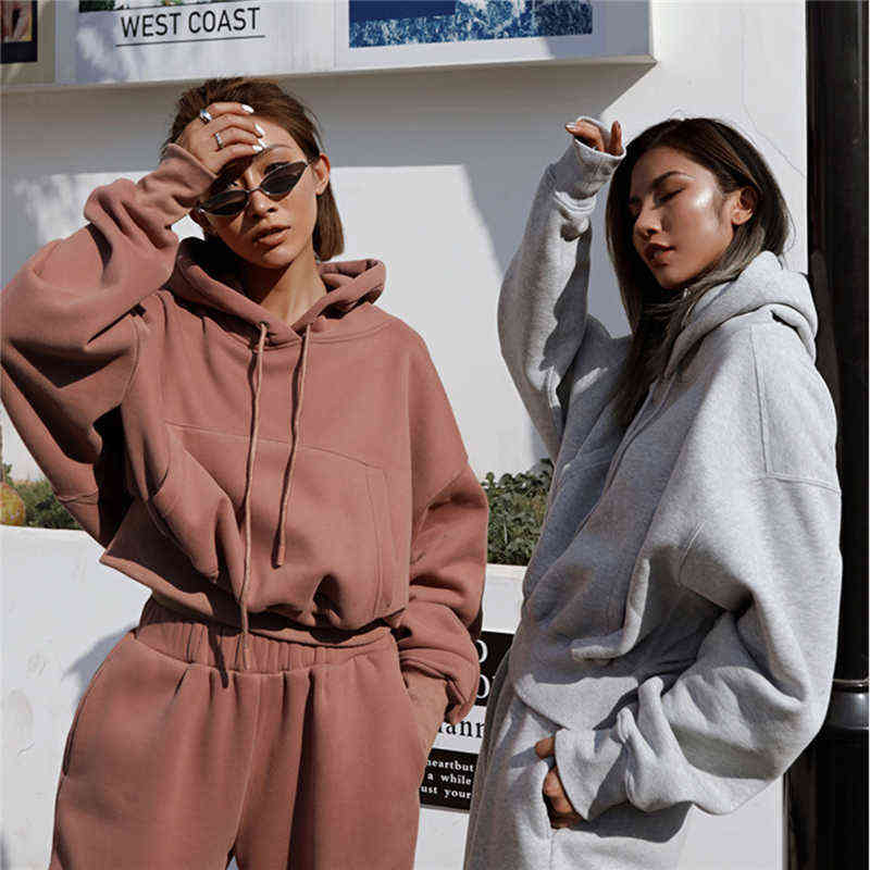 Solid Tracksuit Women Two Piece Set Autumn Winter Clothes Hooded Oversized Sweatshirt Top Sweatpants Sports Jogging Suit Outfits 211126