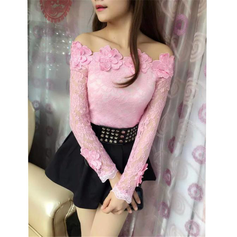 New Autumn Long Sleeve Mesh Blouse Women Sweet Floral Lace Shirt Femal Ladies Slim Slash Neck Blouse Blusas Short Tops A966 210225