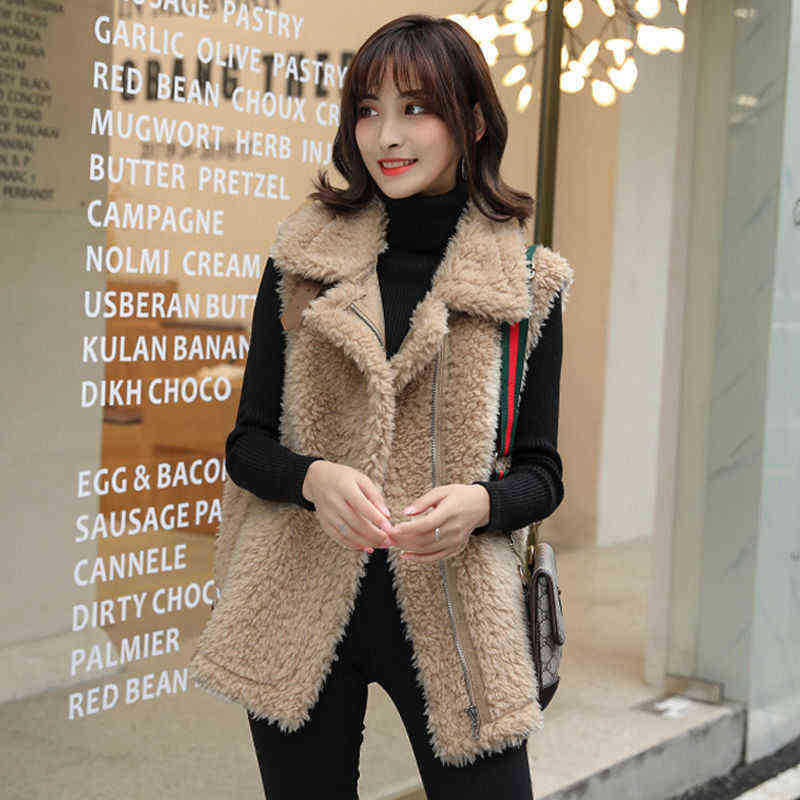 Winter Lamb Wool Vest Women Sleeveless Jacket Thicken Warm Waistcoat Fall Turn Down Collar Hidden Zipper Outwear Garment 211120
