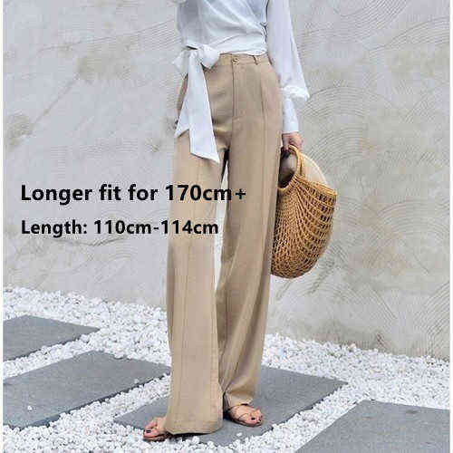 170-175cm Autumn Wide Leg Pants Women Elastic Waist Elegant Office Ladies Khaki Trousers Plus Length Purple Gray 211115