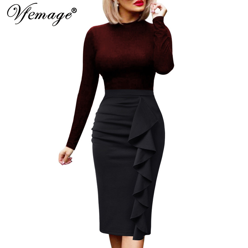 Vfemage Women Elegant Ruched Ruffles High Waist Lace Solid Zipper Slit Slim Work Office Business Party Bodycon Pencil Skirt 1007 210306
