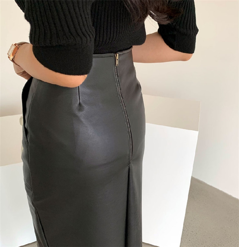 New Spring Women PU Leather Skirts High Waist Pockets Package Hip Skirt Female Front Split Zipper Midi Pencil Skirts 210309