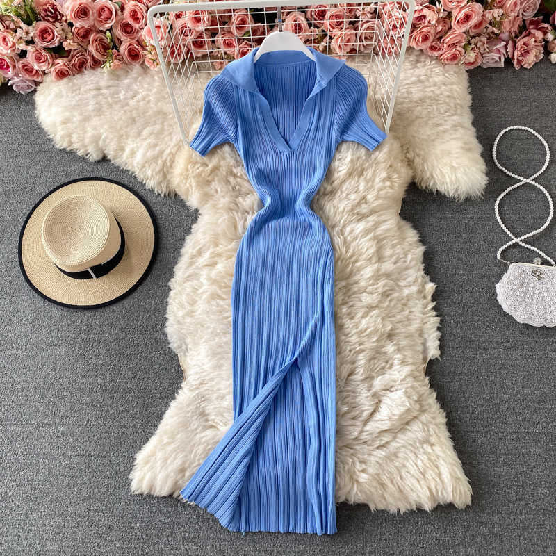 Sexy V-neck Short-sleeved Knit Bodycon Dres Casual Summer Slim Elastic High Split Mid-calf Ribbed Long Vestido 210623