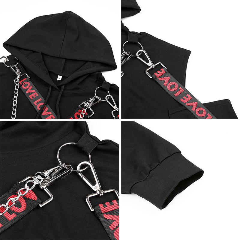 Rockmore Gothic Punk Style Hollow Out Hoodies Crop Top Women Hooded Sweatshirt Plus Size Hoodie Loose Chain Pullovers Ladies 201211