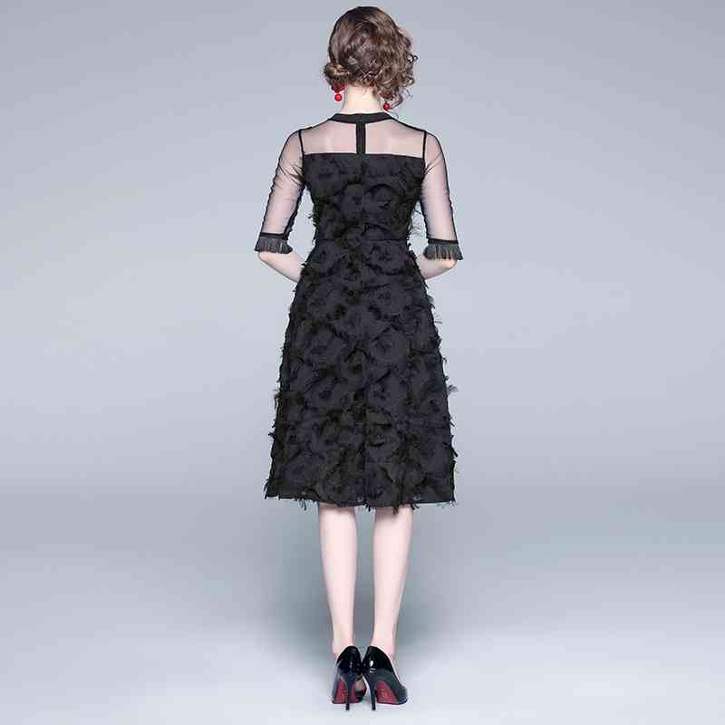 Womens Autumn Elegant Mesh Patchwork Tassels Feather Black Sexy Slim Vintage Casual Office Party Dress Vestidos 210525