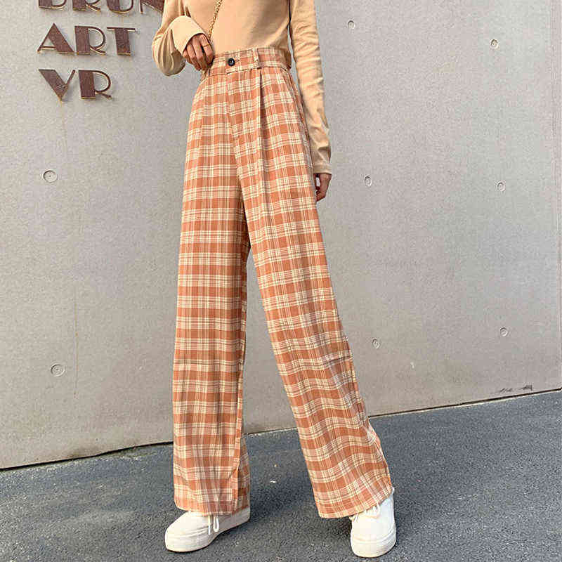 Zoki Plaid Women Pants Elastic High Waist Korean Fashion Plus Size Loose Spring Ladies Full Straight Casual Trousers S-4XL 211115