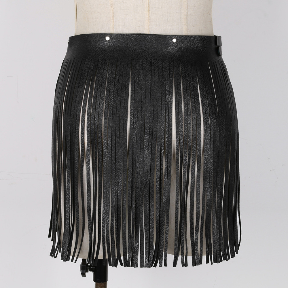 Womens Adult Adjustable Faux Leather Waistband Fringe Tassel Skirt Belt Nightclub Costume Cosplay Parties Skirts for Halloween 210309